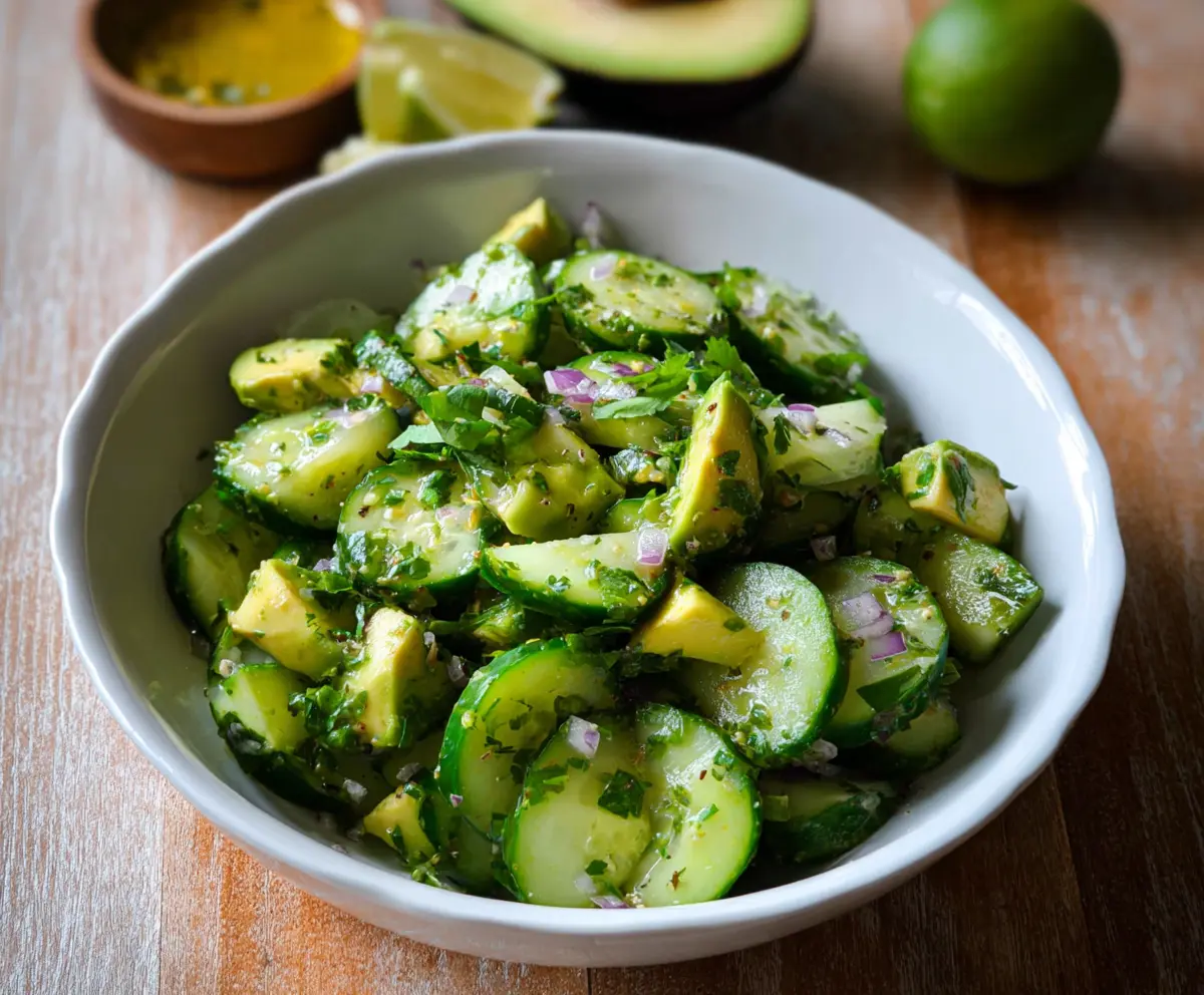 Fresh Cilantro Lime Cucumber Salad with Sliced Avocado on a white plate