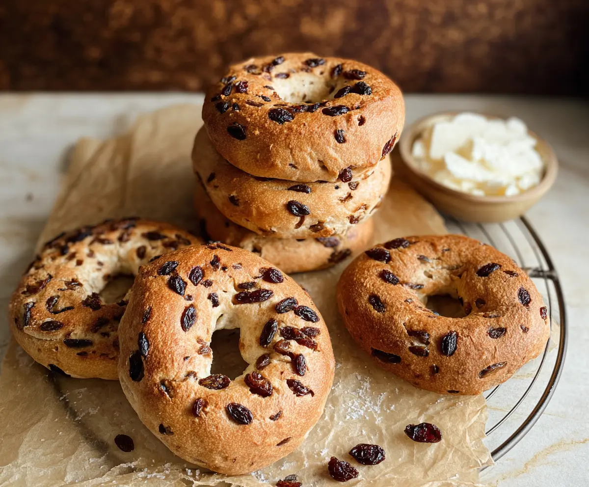 Fresh cinnamon raisin yogurt bagels on a wooden platter, ready to serve for breakfast.