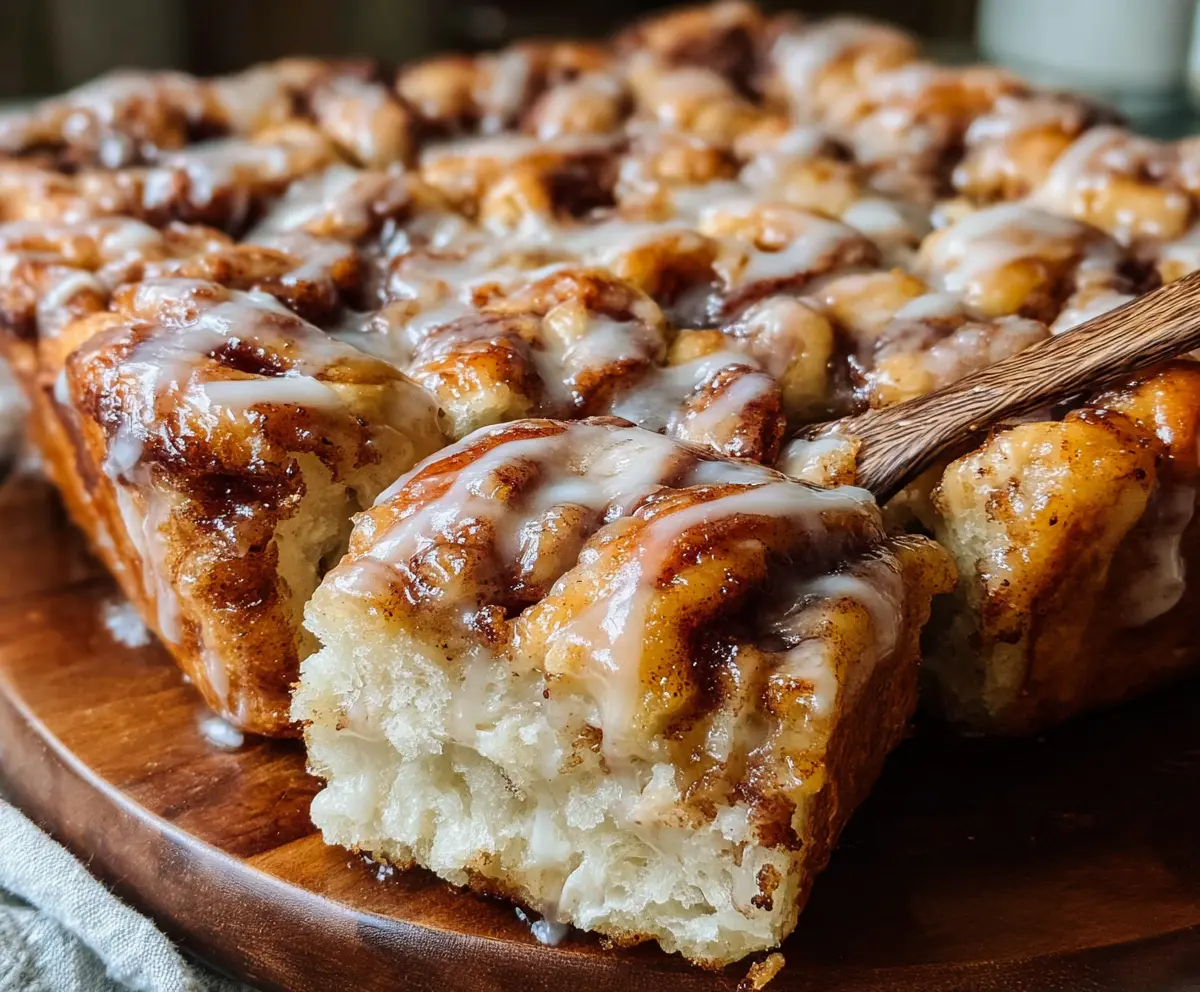 Delicious Cinnamon Roll Sourdough Focaccia topped with cinnamon swirl and icing.