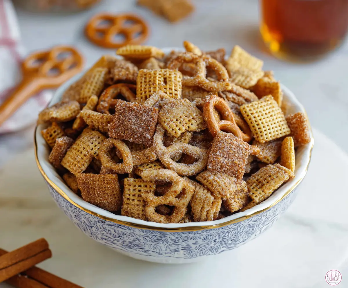 Delicious Cinnamon Sugar Chex Mix in a bowl, showcasing a crunchy snack with a sweet cinnamon coating.