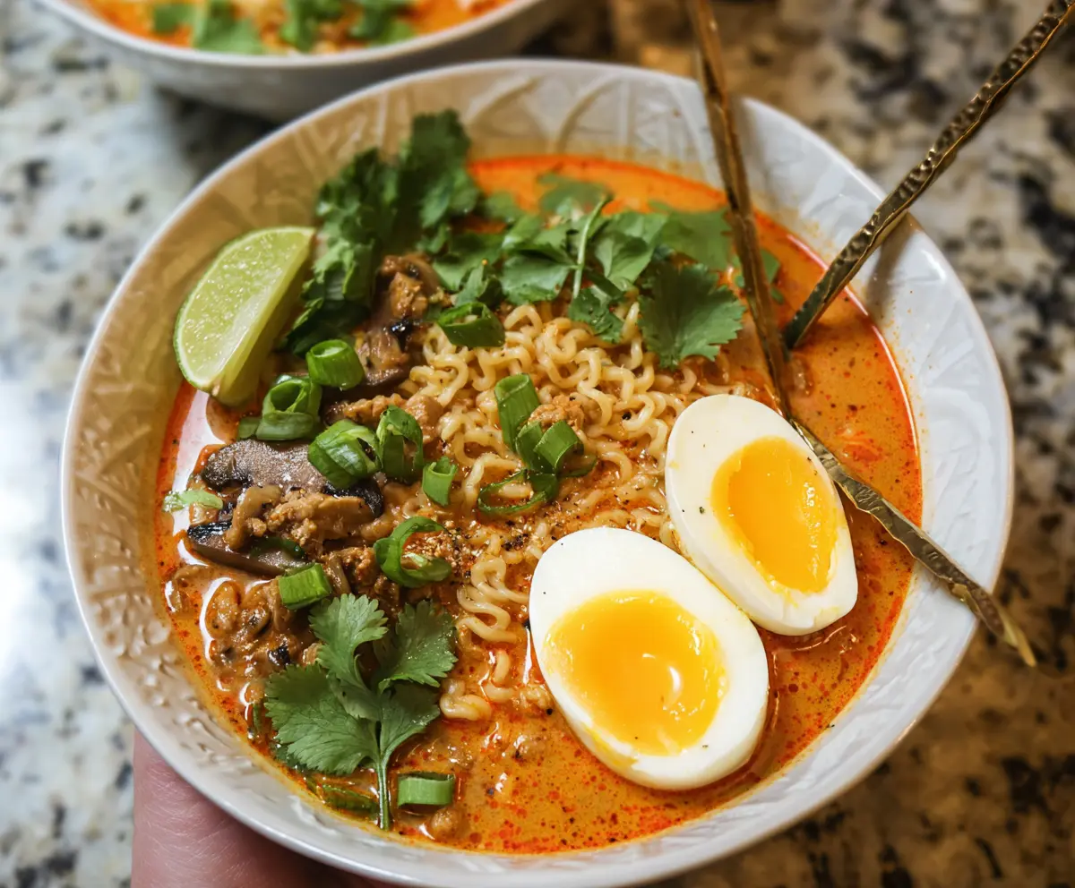 Delicious Coconut Curry Ramen bowl with vibrant vegetables and tender noodles