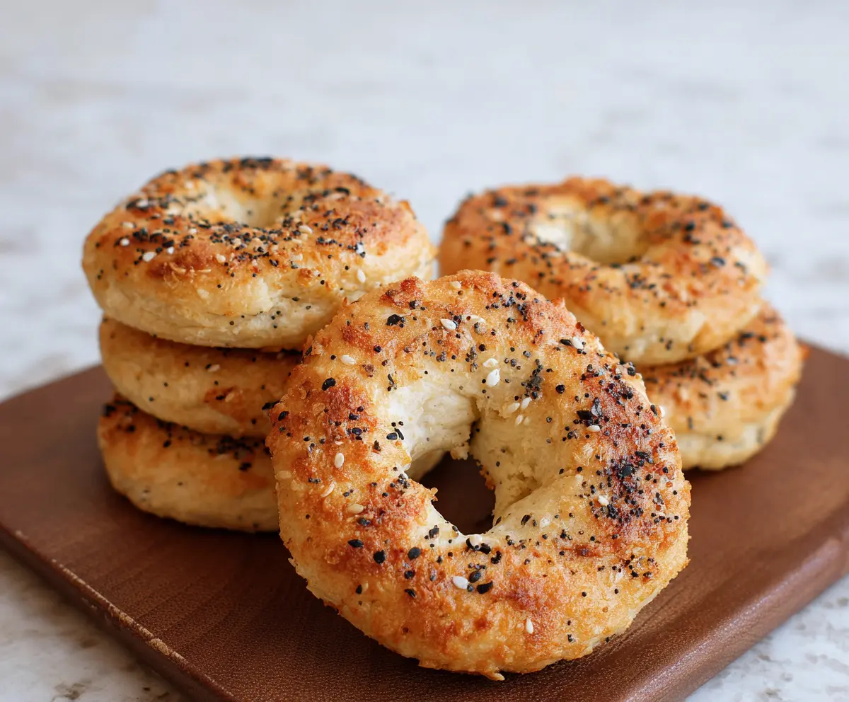 Delicious homemade cottage cheese almond flour bagels on a wooden board.