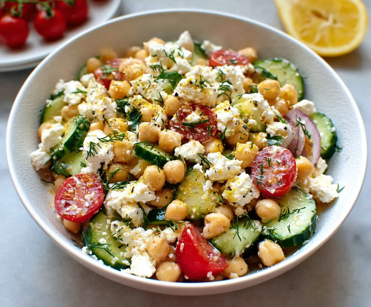 Healthy cottage cheese and chickpea salad in a bowl, fresh and colorful ingredients for a nutritious meal.