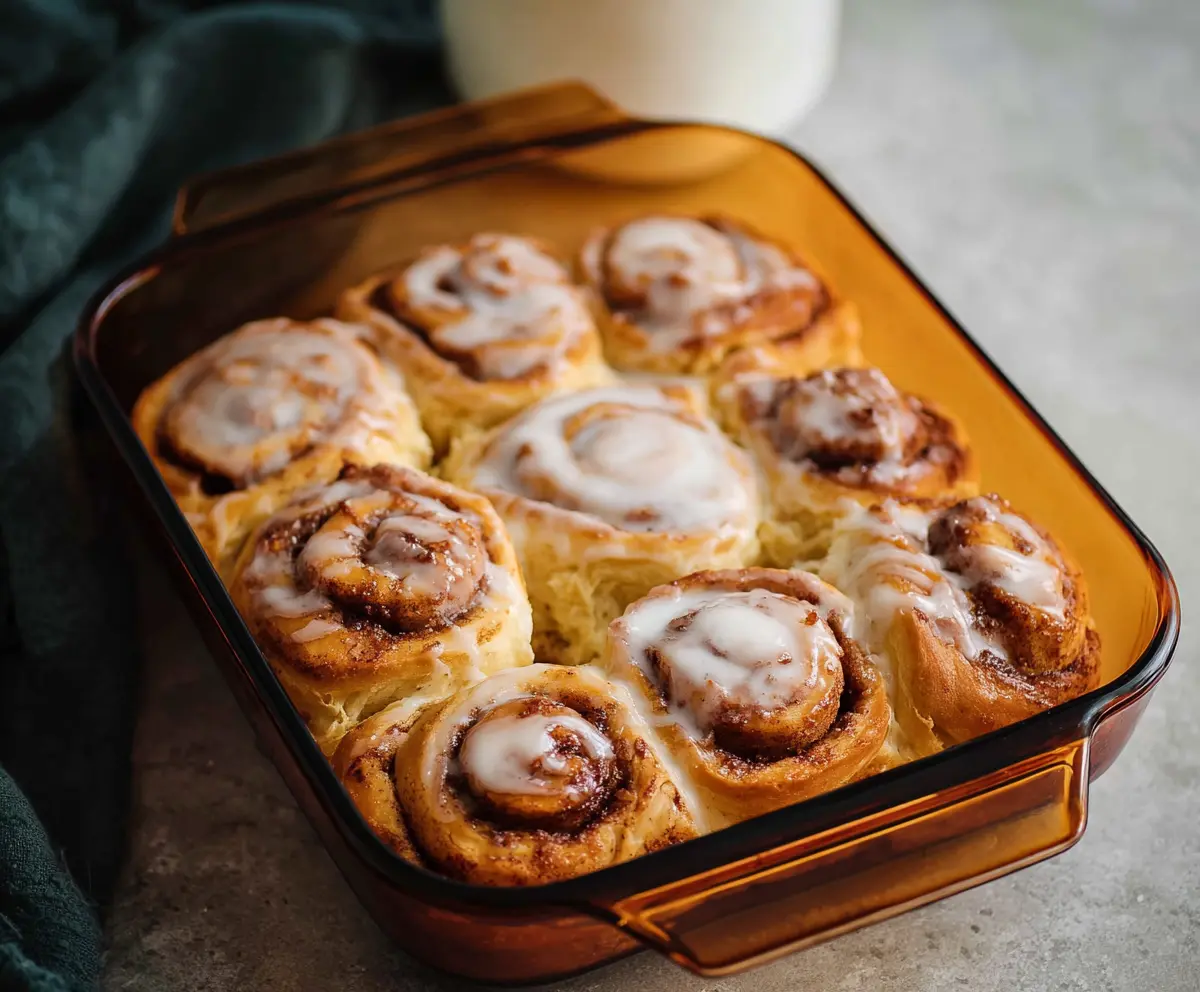 Delicious homemade cottage cheese cinnamon rolls fresh out of the oven with swirls of cinnamon and cream cheese frosting.