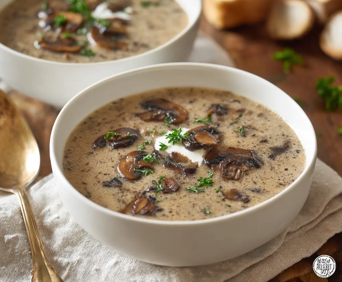 Creamy cottage cheese mushroom soup served in a bowl with fresh herbs, perfect for a comforting meal.