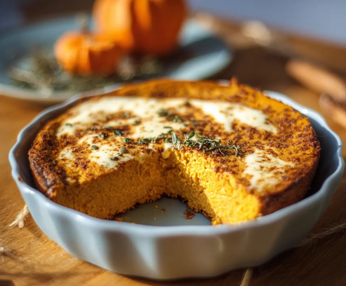 Creamy cottage cheese pumpkin bake with cinnamon topping, perfect for a healthy dessert or breakfast.