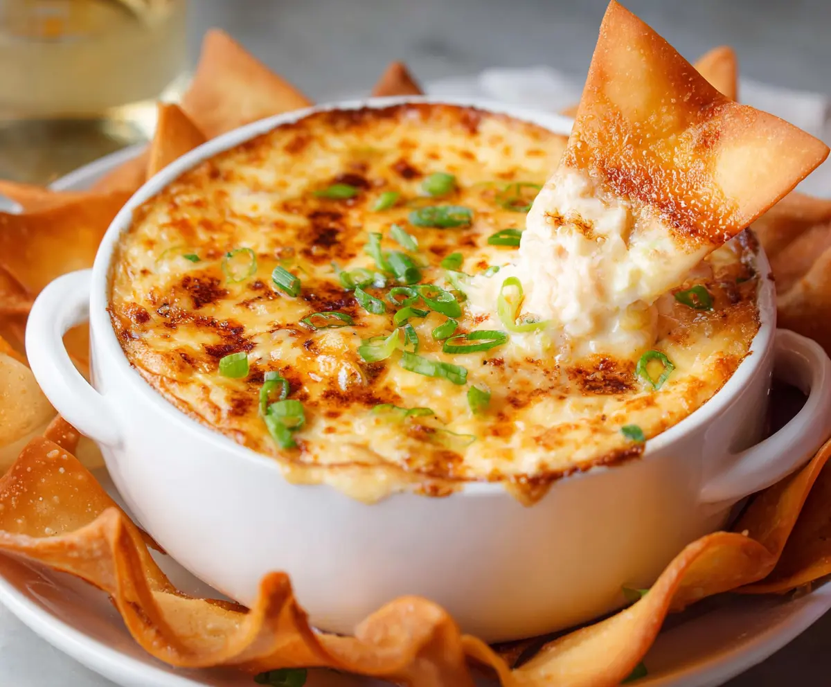 Delicious Crab Rangoon Dip served with crispy wonton chips for dipping.