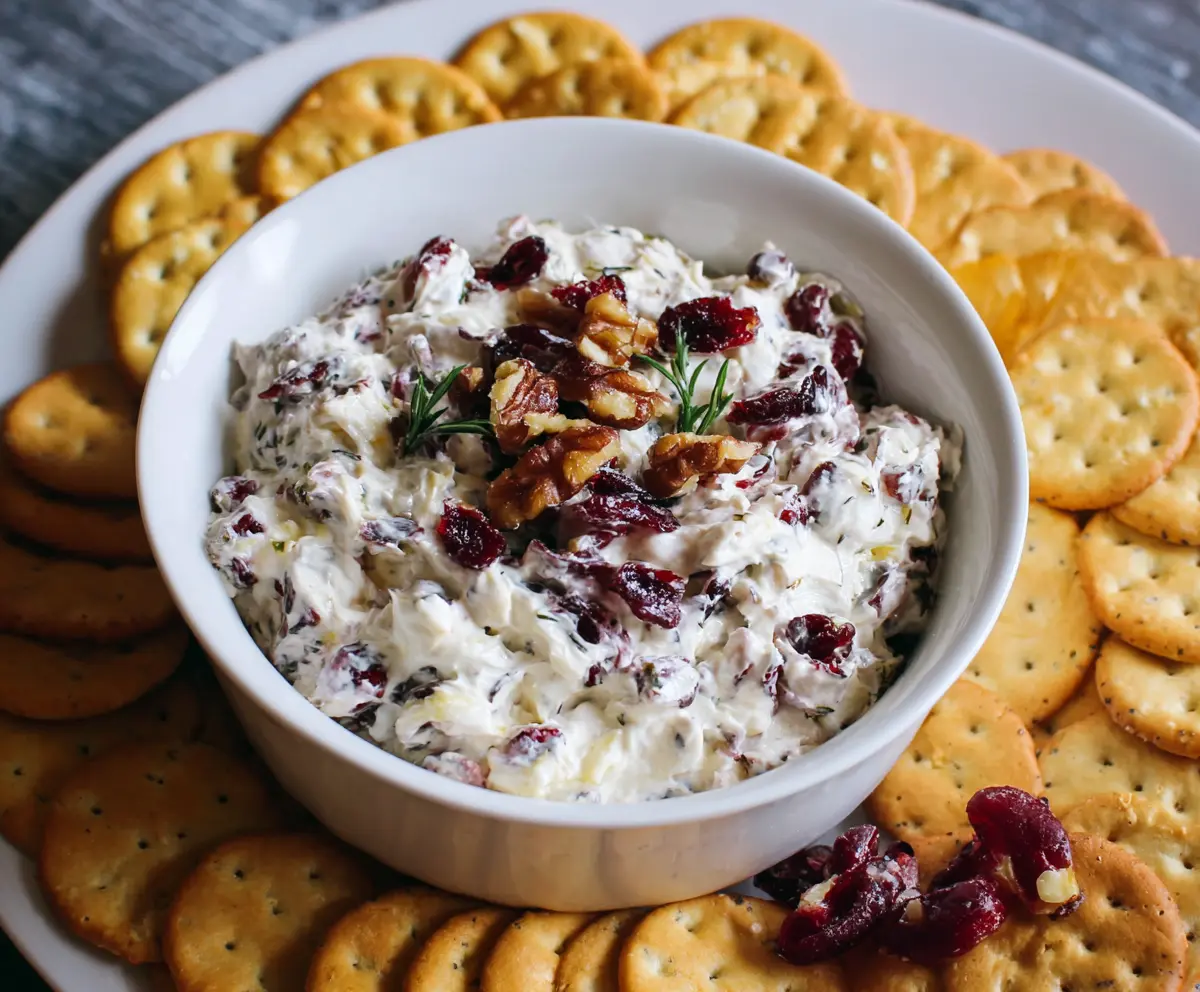 Creamy cranberry walnut cream cheese dip served with fresh crackers and fruit.