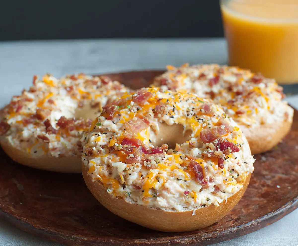 Delicious creamy bacon cheddar bagels sliced open, showcasing melted cheese and crispy bacon pieces.
