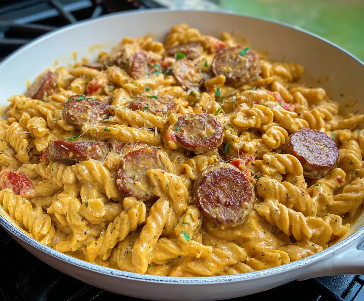 Creamy Cajun Sausage Pasta served in a bowl, featuring spicy sausage, creamy sauce, and pasta garnished with herbs.