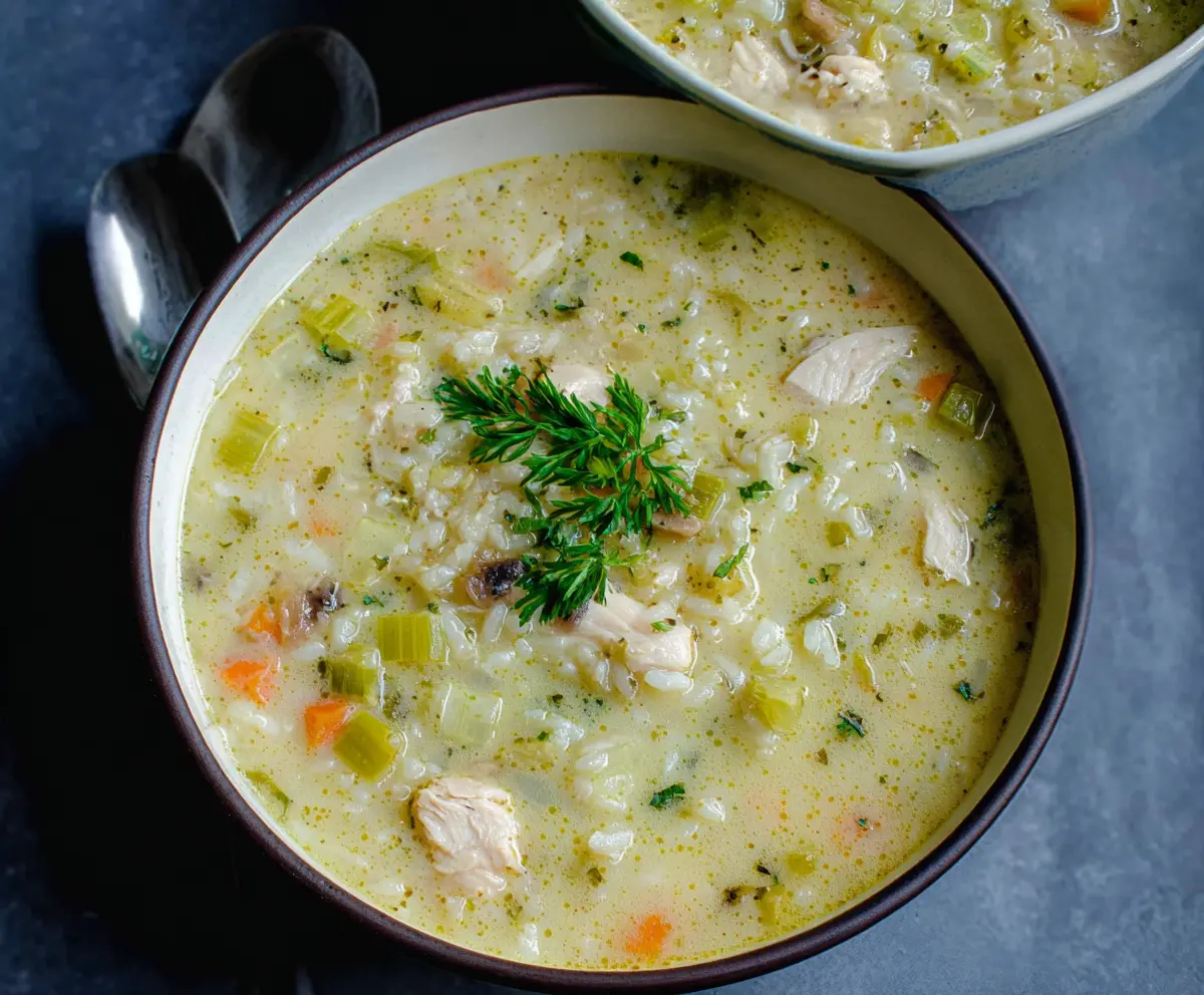 Creamy leek, chicken, and rice soup in a bowl, garnished with fresh herbs.