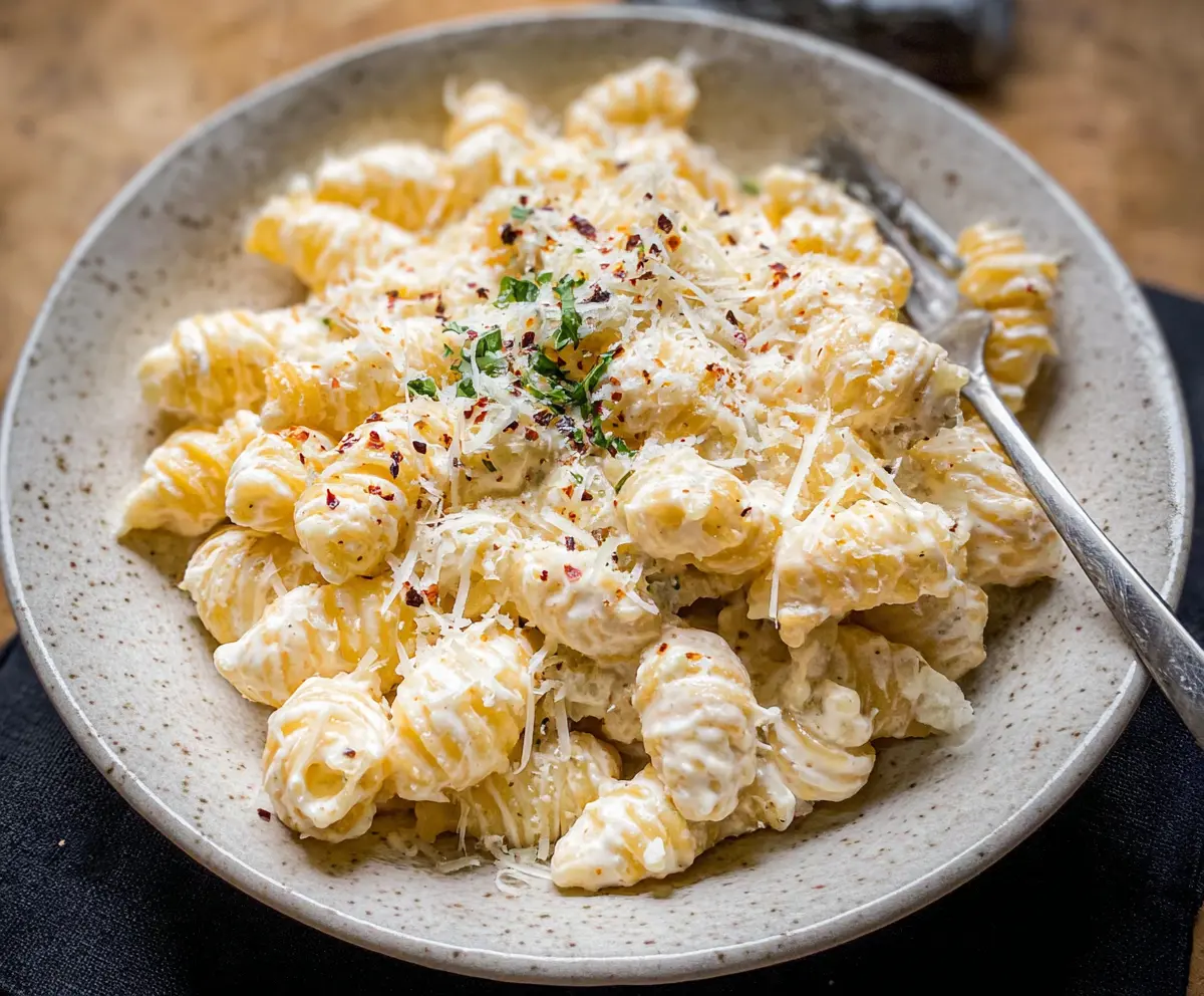 Creamy Ricotta Pasta served in a white bowl, garnished with fresh herbs and grated Parmesan cheese
