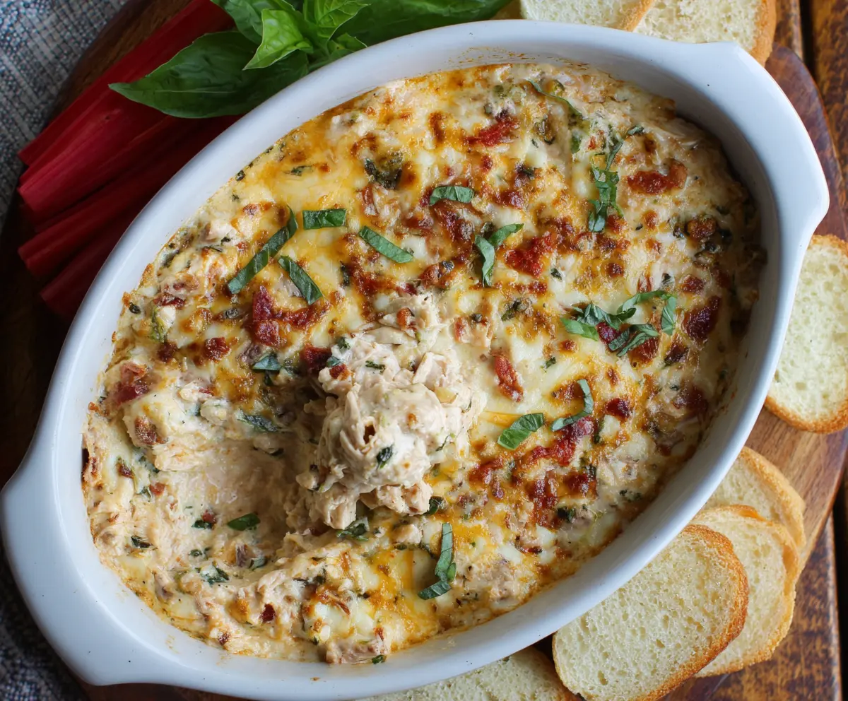 Creamy Crockpot Marry Me Chicken Dip garnished with herbs in a serving bowl.