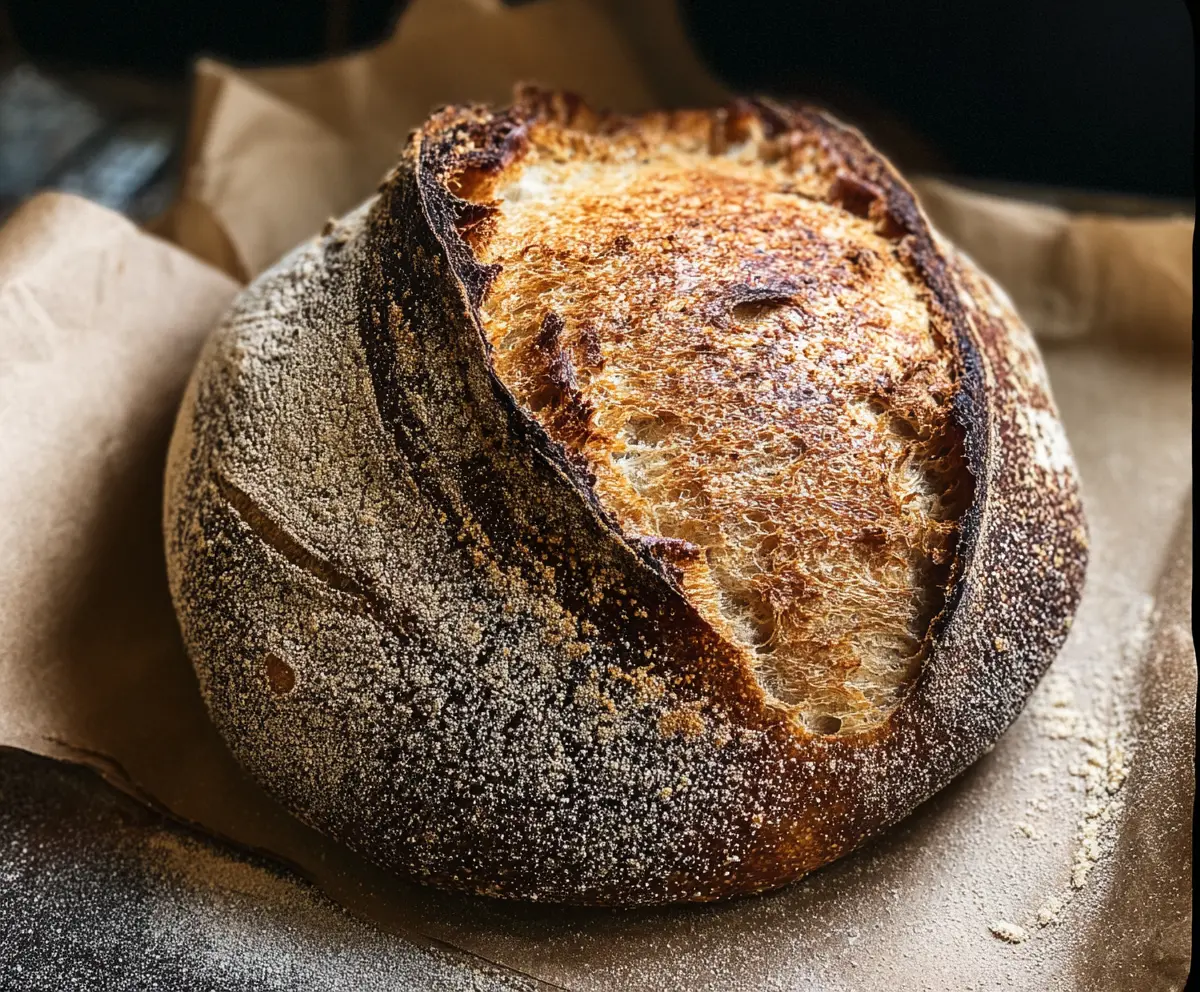 Slice of crusty sourdough bread accompanied by a steaming cup of coffee on a rustic table.