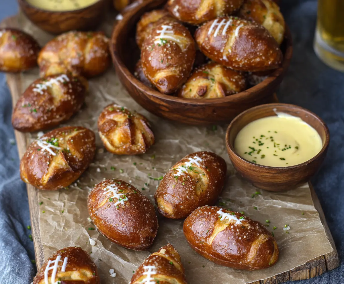 Football-shaped soft pretzel bites on a wooden board, perfect for game day snacks.