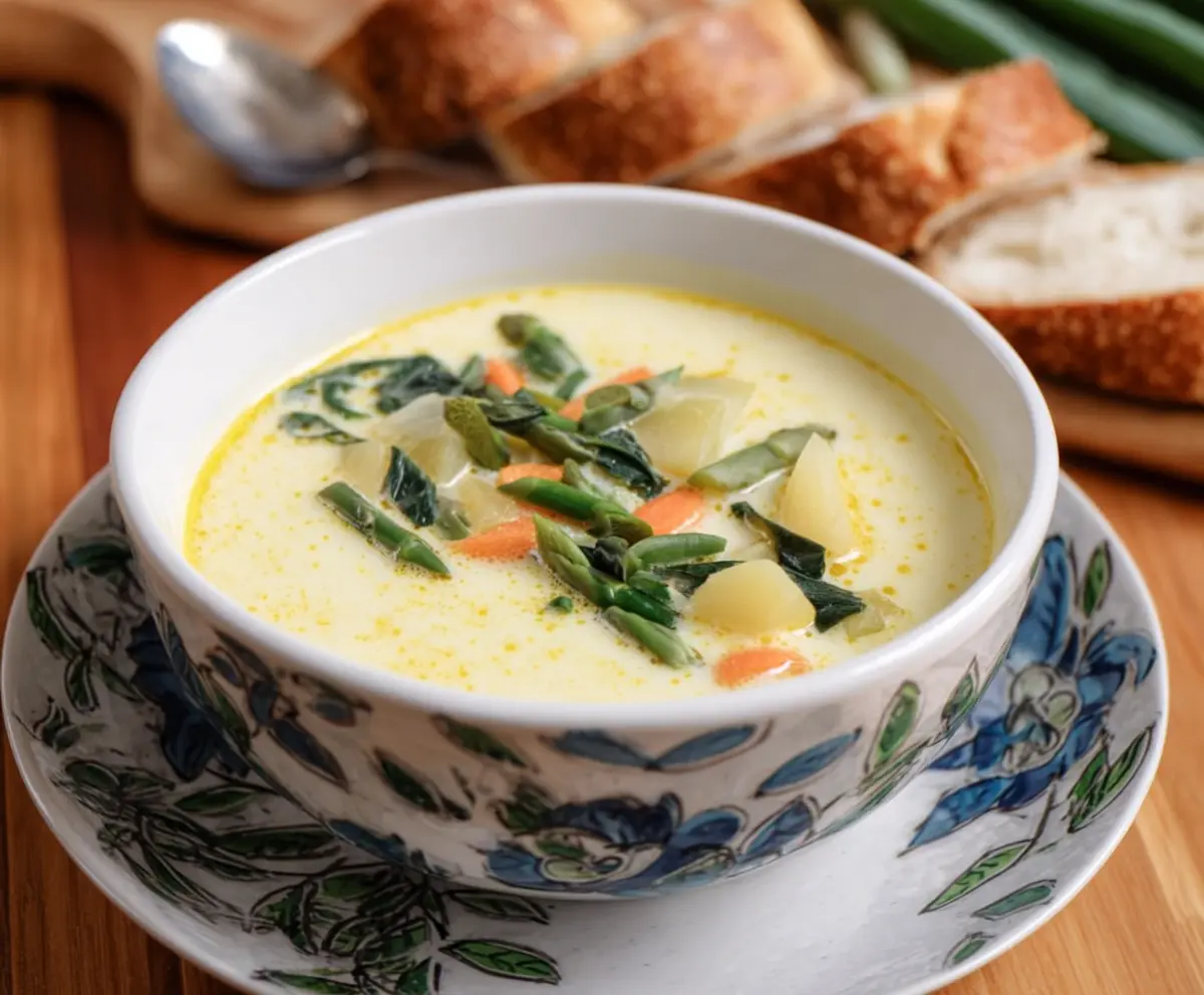 Fresh French Spring Soup with colorful vegetables and herbs served in a rustic bowl.