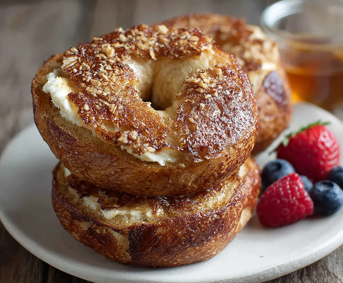 Delicious French Toast Bagels topped with powdered sugar and fresh berries on a plate.