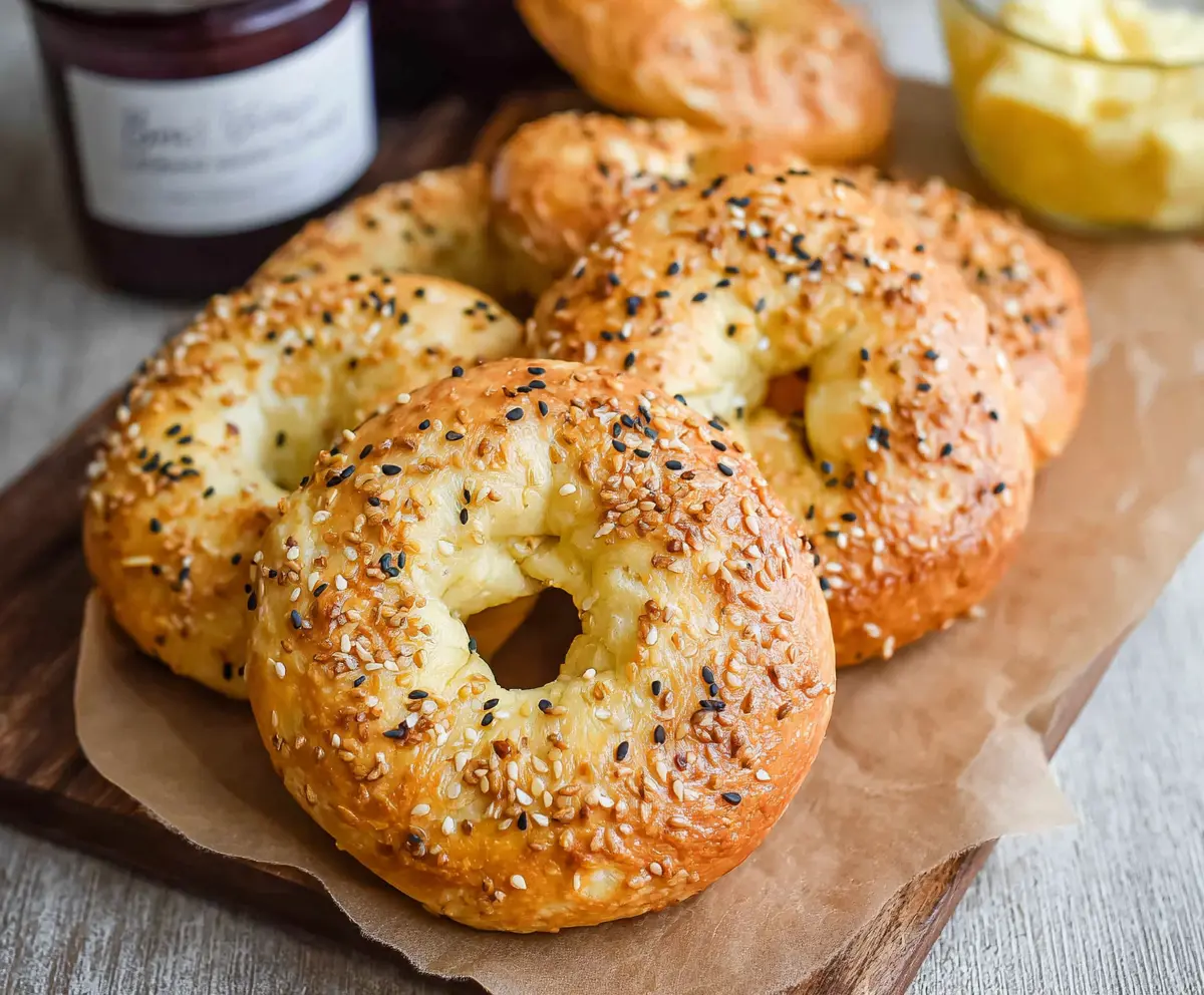 Delicious gluten-free cottage cheese bagels on a wooden board with fresh herbs