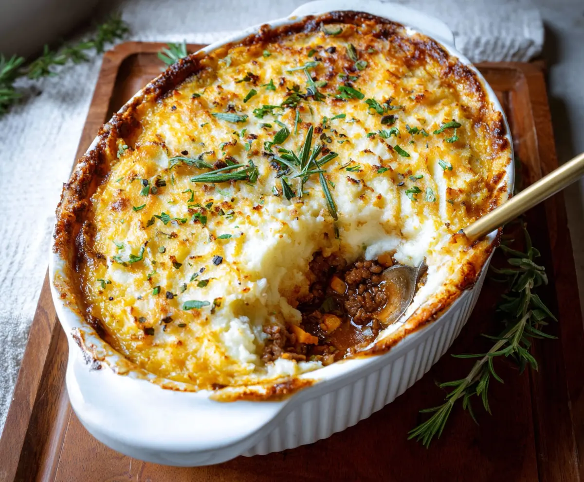 Delicious gluten-free shepherd's pie topped with mashed potatoes and fresh herbs.