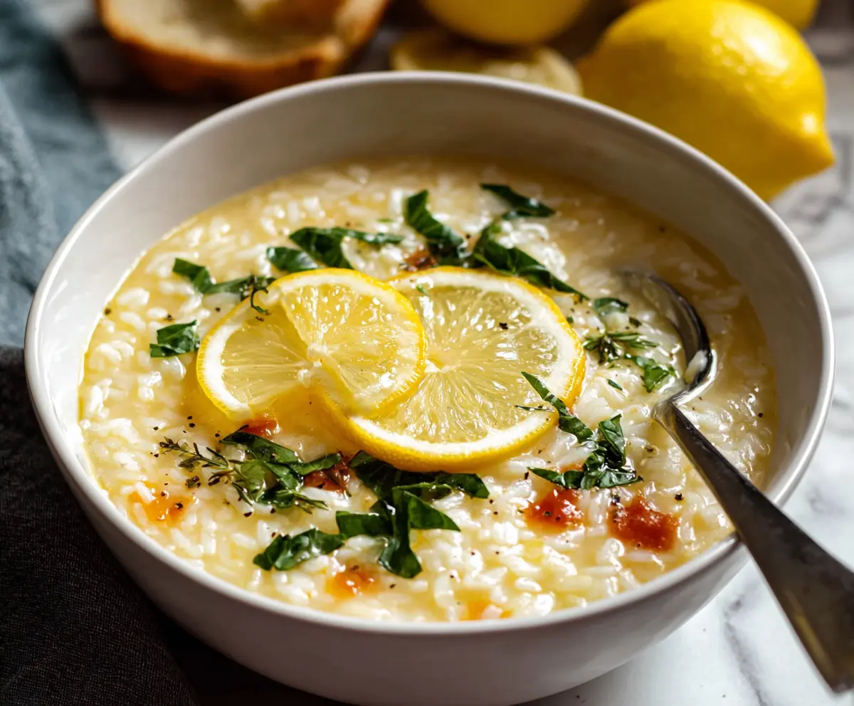 Bowl of Greek Lemon Rice Soup garnished with fresh herbs, highlighting its creamy texture and vibrant flavors.