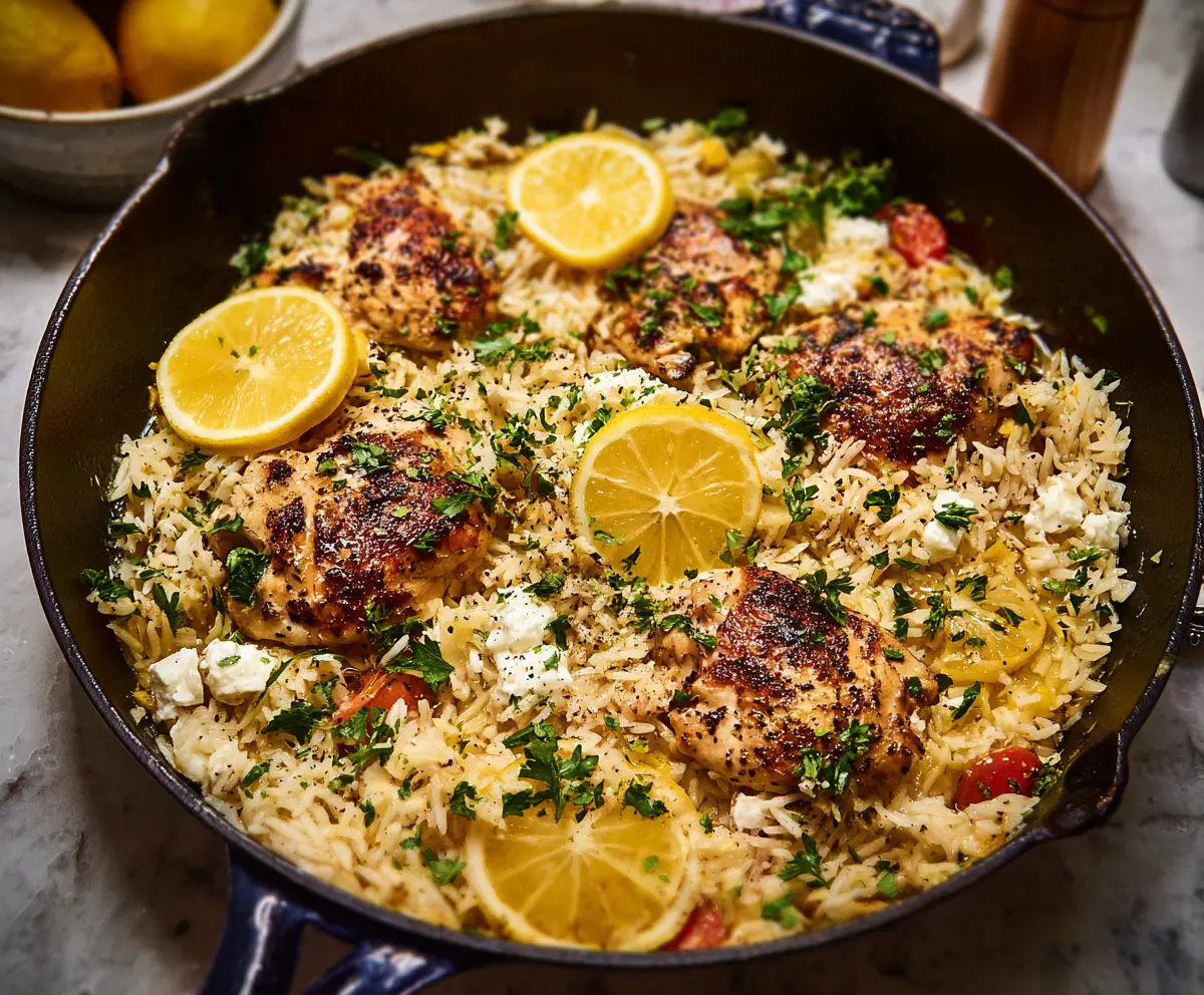 Delicious Greek Lemon Rice with Tender Chicken served on a plate, garnished with fresh herbs