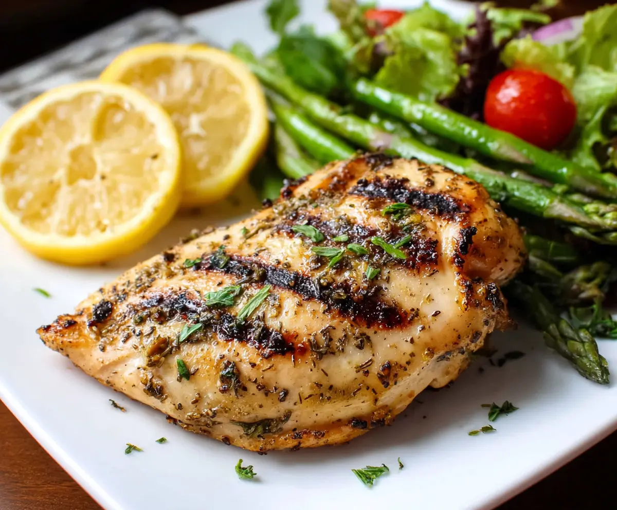 Juicy grilled lemon pepper chicken served with fresh herbs on a rustic plate.