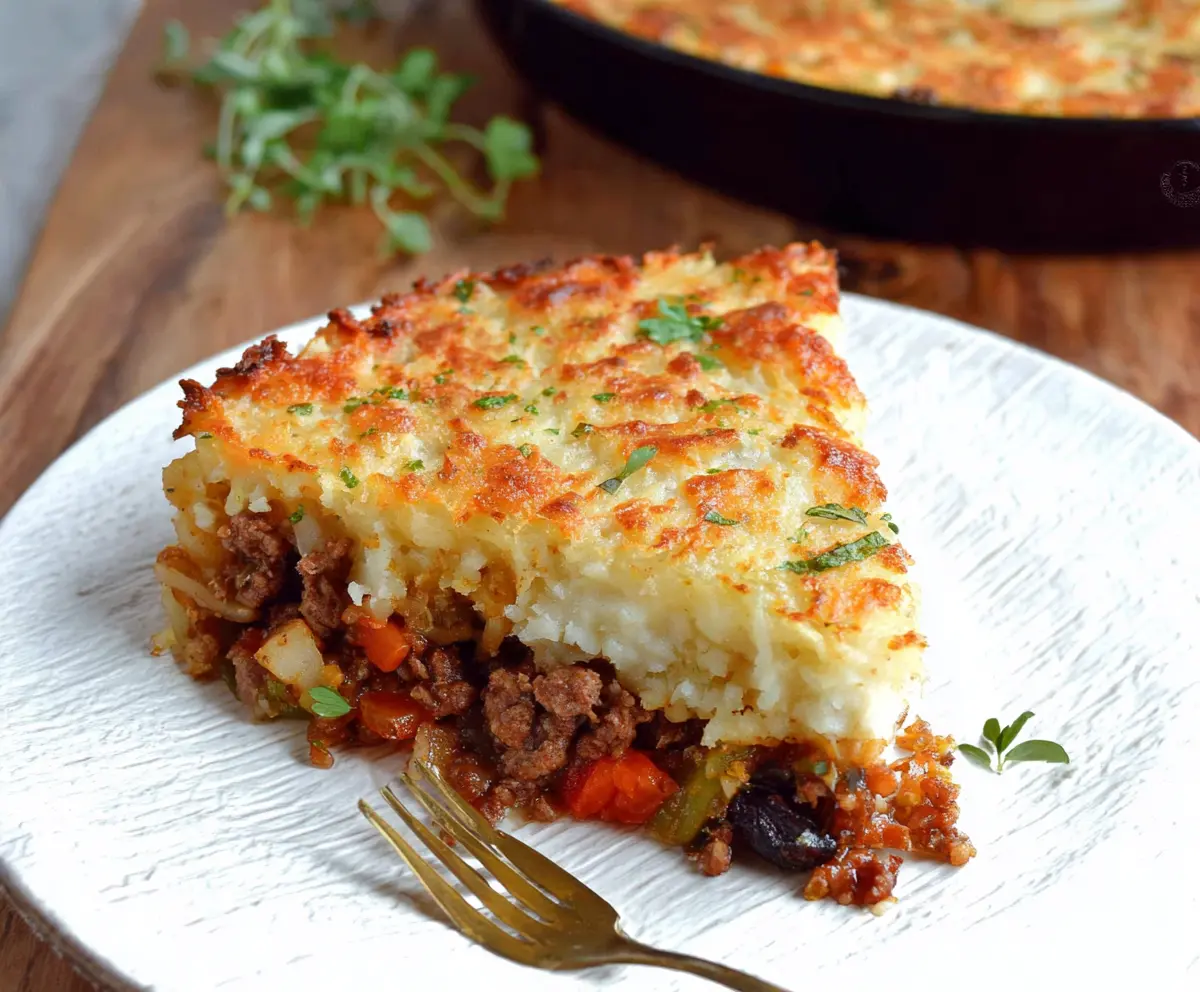 Golden crispy hash browns layered with savory shepherd's pie filling in a baking dish.