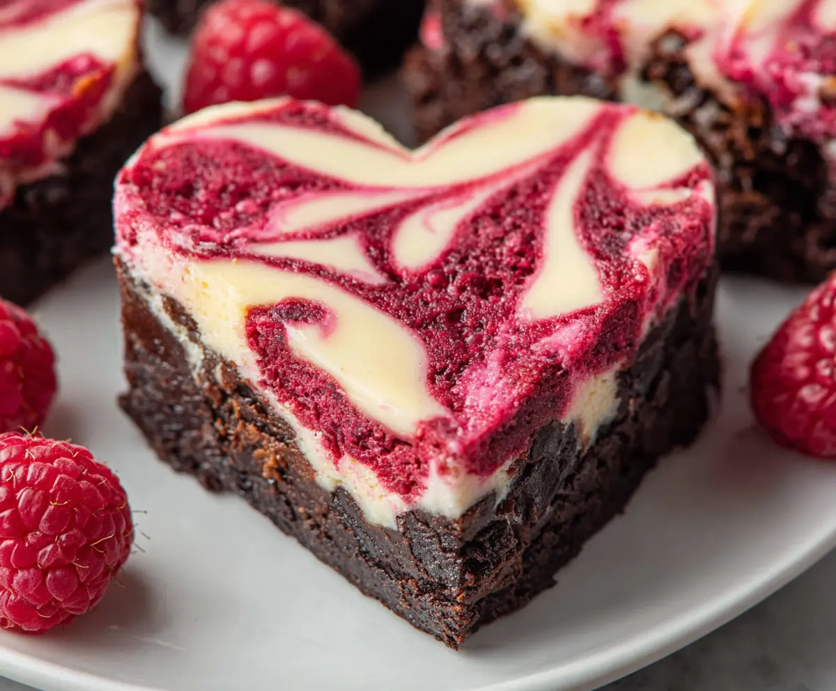 Delicious heart-shaped raspberry cheesecake brownies with a rich chocolate base and vibrant raspberry swirls.