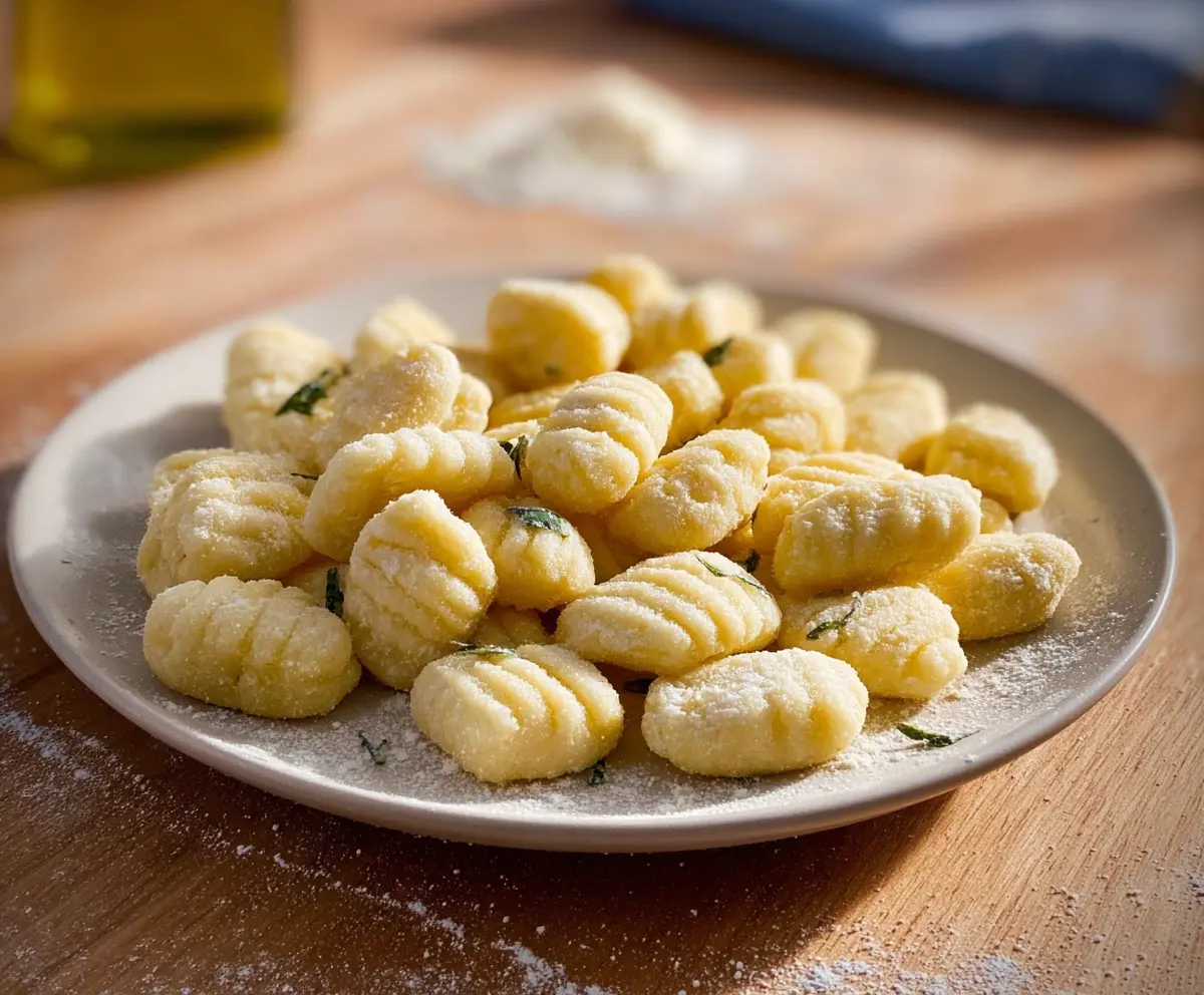 Homemade potato gnocchi on a rustic plate with fresh herbs and grated cheese.