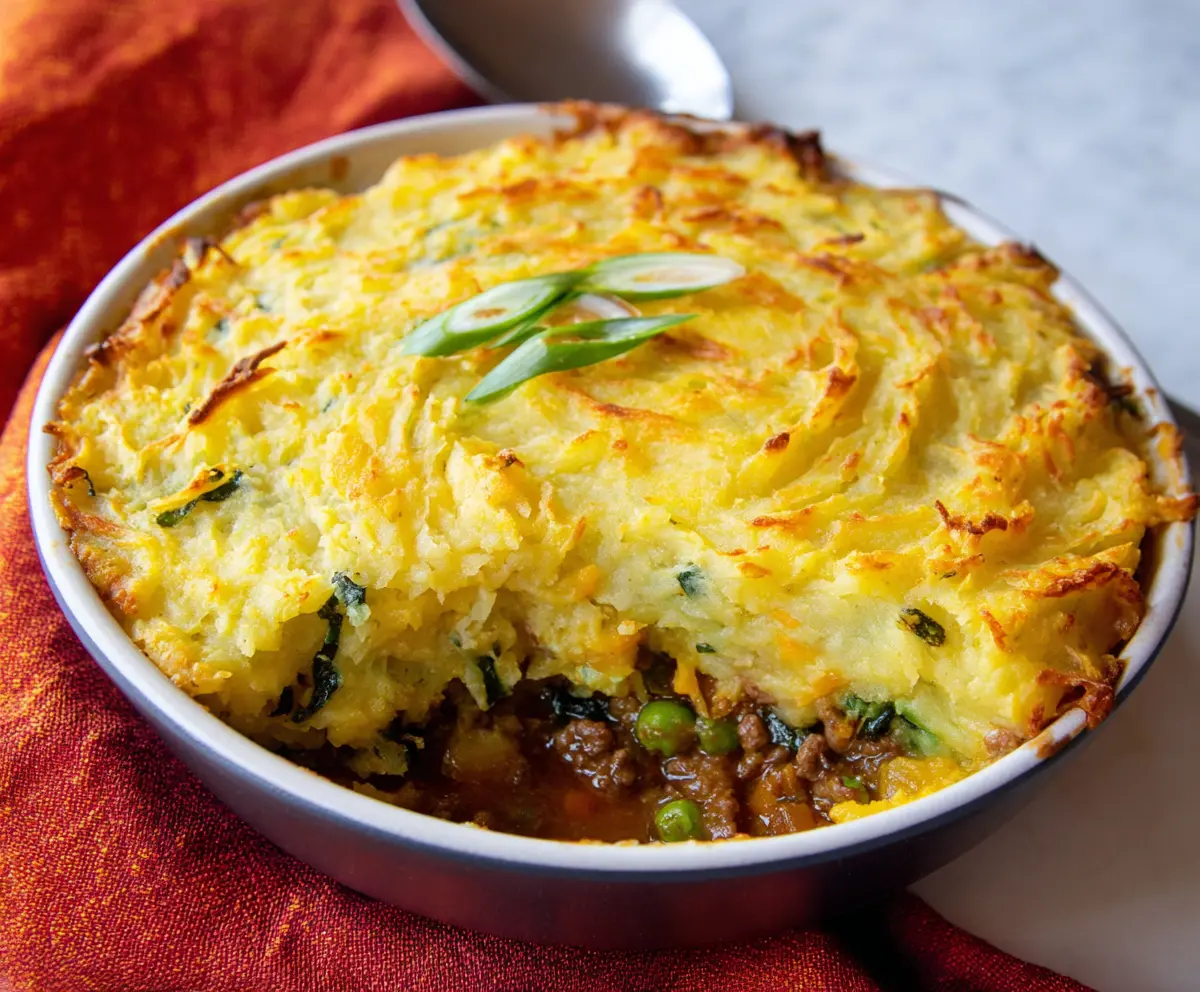 Delicious Irish Shepherd's Pie topped with golden mashed potatoes and savory beef filling