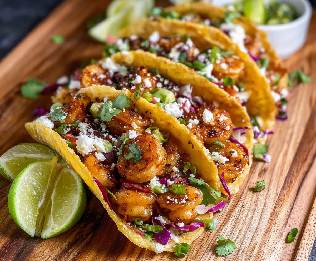 Delicious jerk shrimp tacos topped with fresh cilantro and lime on a vibrant plate.