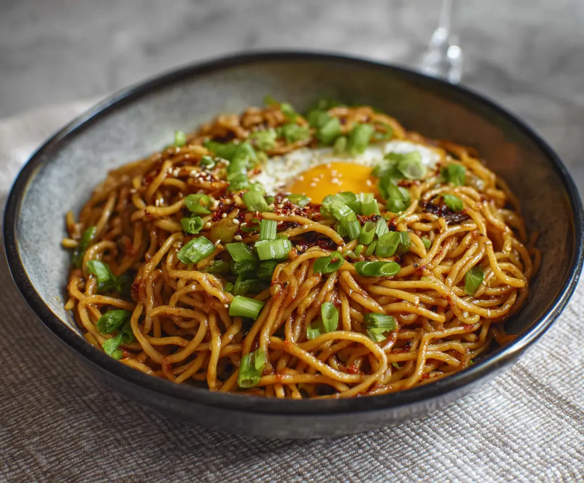 Plate of Korean Garlic Noodles topped with chopped scallions and sesame seeds, showcasing a flavorful Asian-inspired dish.