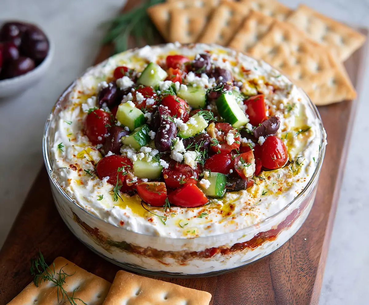 Delicious layered Greek dip with vibrant vegetables, creamy feta, and fresh herbs served in a clear glass dish.
