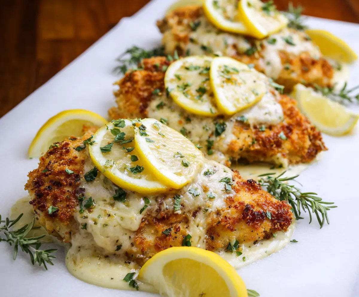 Delicious Lemon Chicken Romano served with fresh herbs and lemon slices on a white plate.