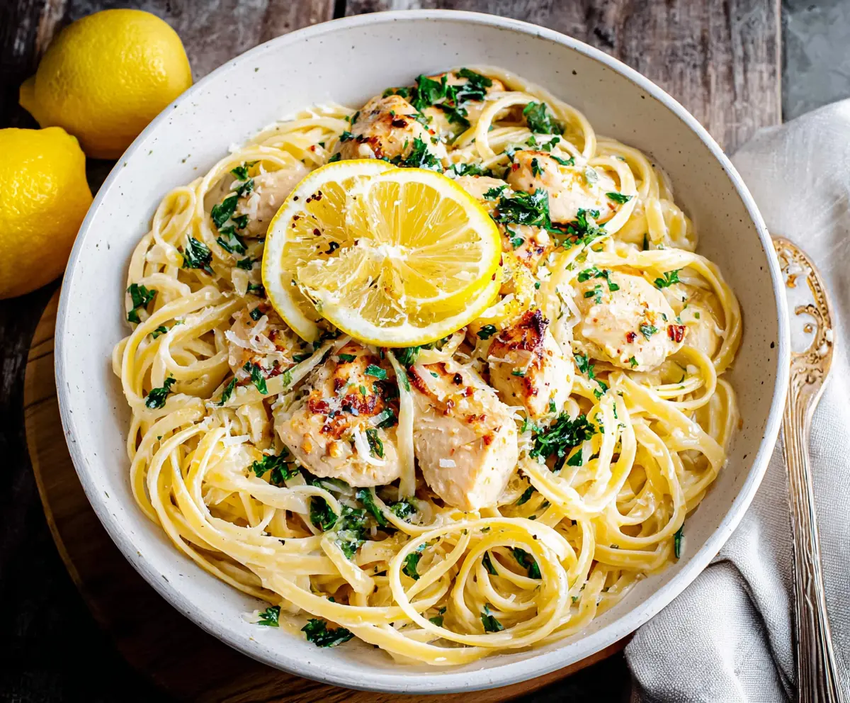 Delicious Lemon Garlic Chicken Pasta served on a white plate with fresh herbs.