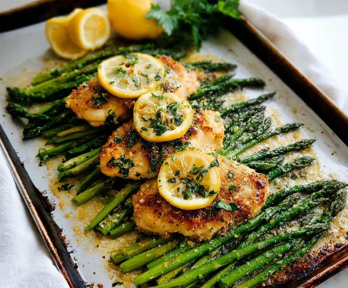 Delicious Lemon Parmesan Chicken served with fresh asparagus on a white plate.