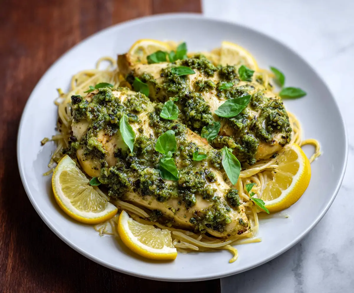 Juicy Lemon Pesto Chicken breast garnished with fresh herbs on a white plate.