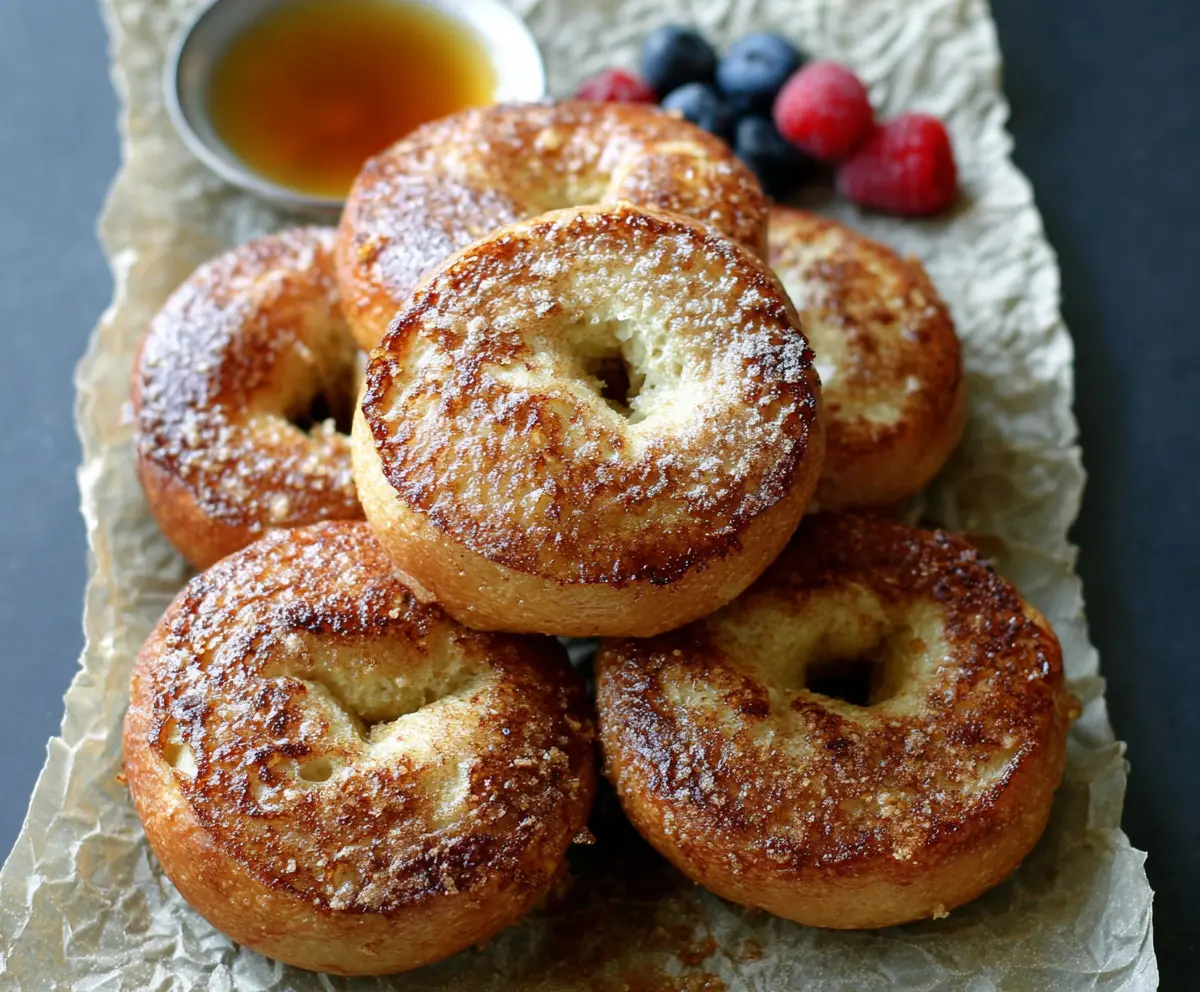 Delicious Maple French Toast Bagels garnished with syrup and powdered sugar, perfect for breakfast.