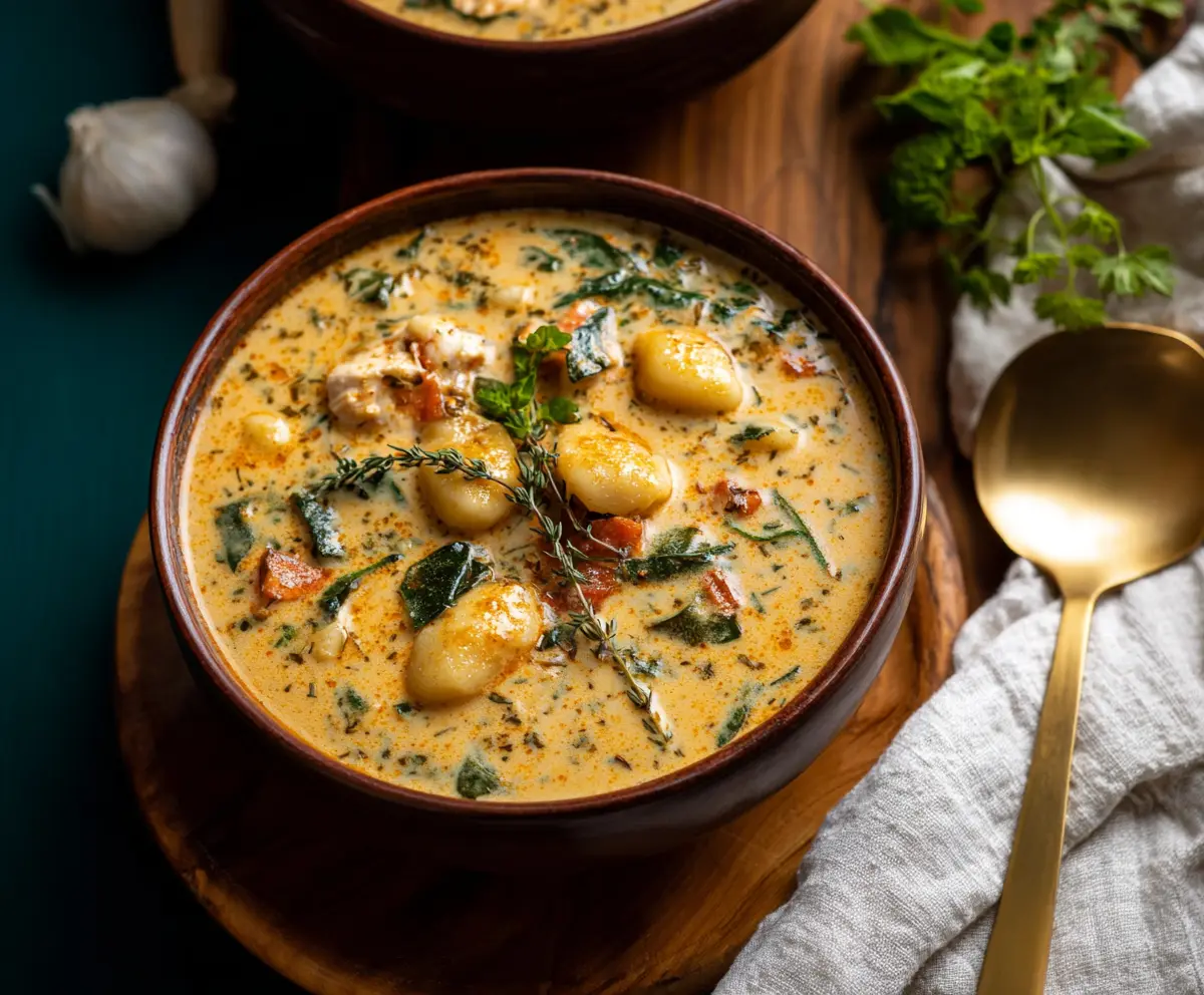 Creamy Marry Me Tuscan Chicken Gnocchi Soup with fresh herbs in a bowl.