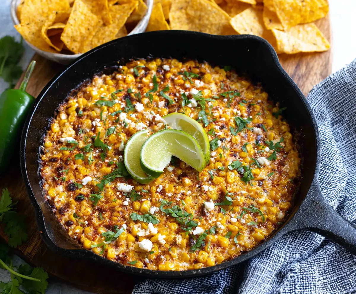 Creamy Mexican street corn skillet dip with grilled corn, cheese, and herbs served in a skillet.