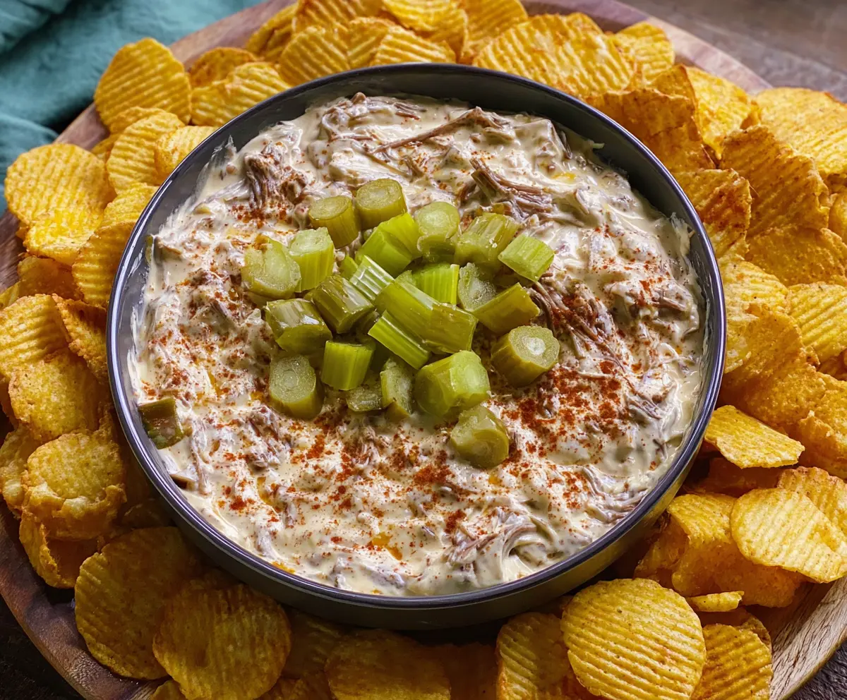 Delicious Mississippi Pot Roast Dip served in a bowl with shredded beef and melted cheese
