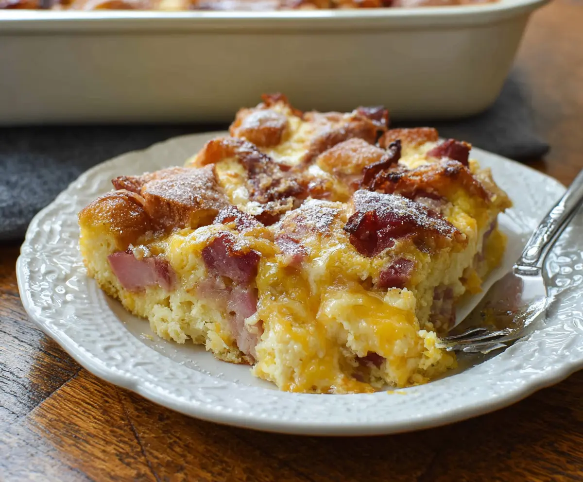 Delicious Monte Cristo Breakfast Casserole with melted cheese and golden bread layers