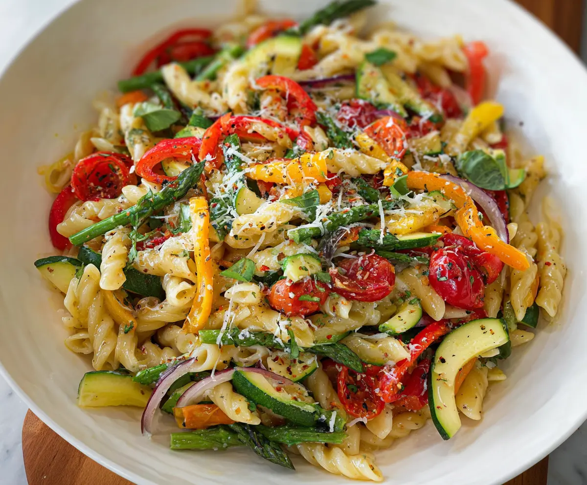 Colorful Pasta Primavera dish with fresh vegetables and herbs, served on a white plate.
