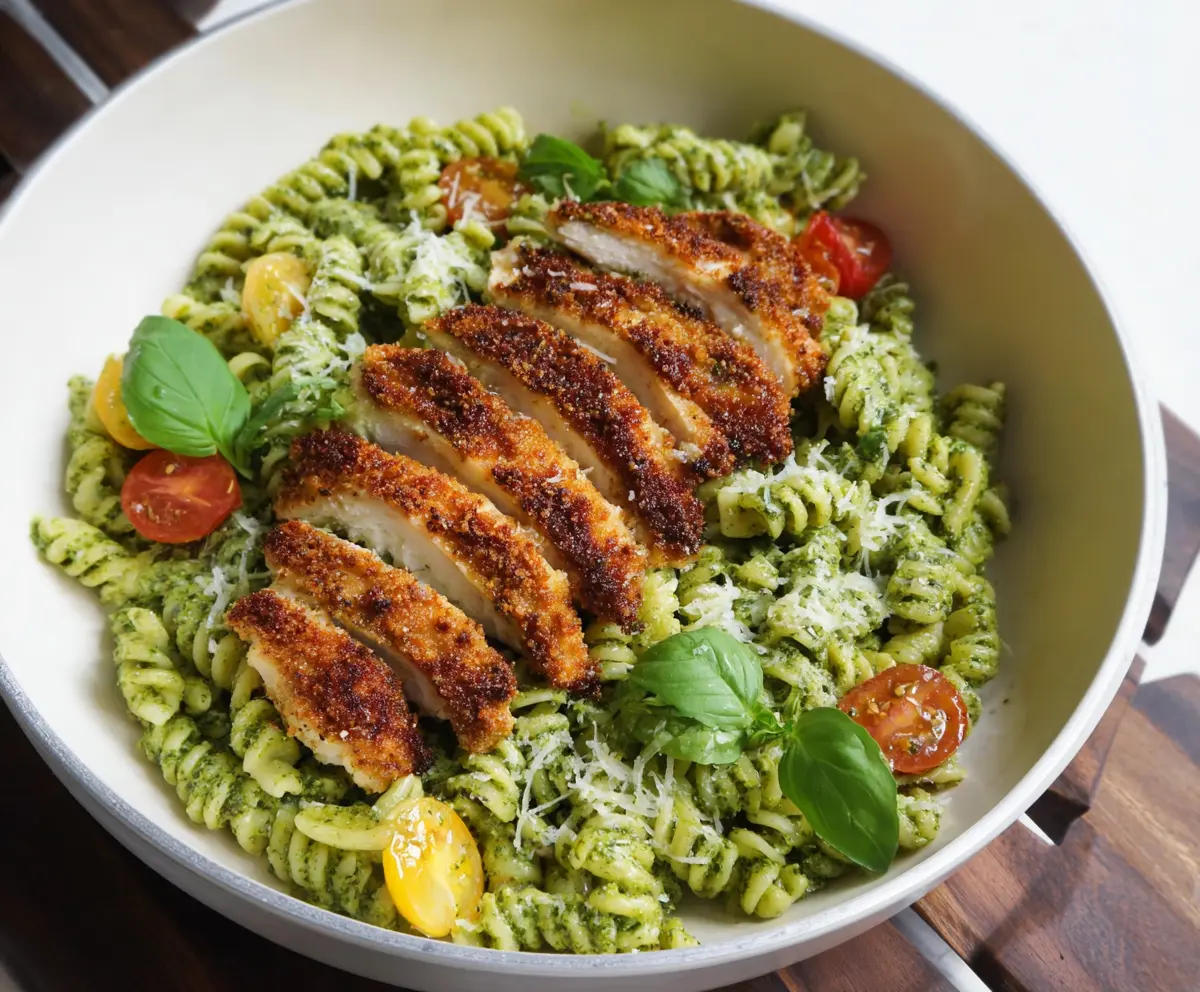 Delicious pesto pasta topped with crispy Parmesan chicken for a flavorful meal