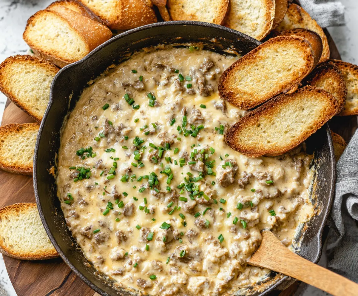 Creamy Philly Cheesesteak Dip with melted cheese and savory beef in a bowl.