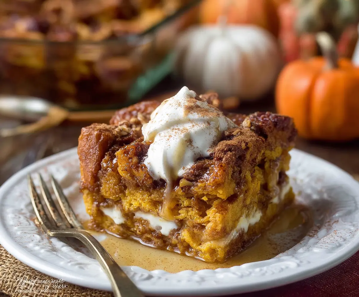 Delicious Pumpkin Spice French Toast Casserole topped with whipped cream and cinnamon for a cozy breakfast.