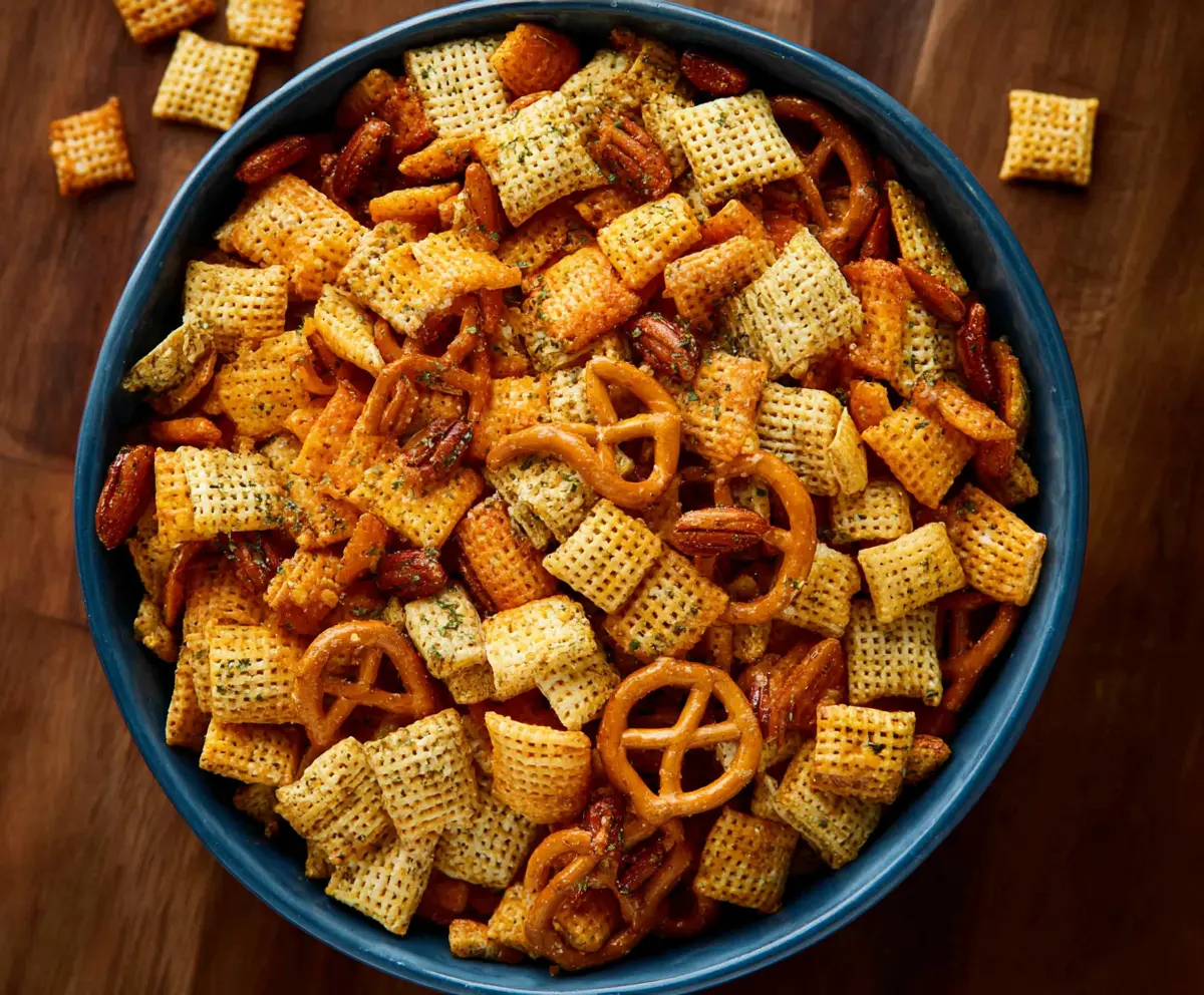 Delicious homemade Ranch Chex Mix with crunchy cereal and savory seasonings.