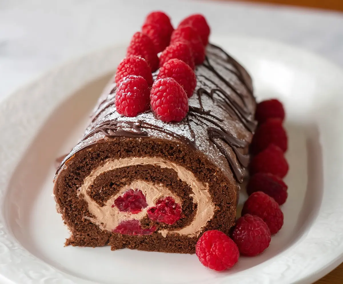 Delicious Raspberry Chocolate Swiss Roll with fresh raspberries and rich chocolate sponge cake.