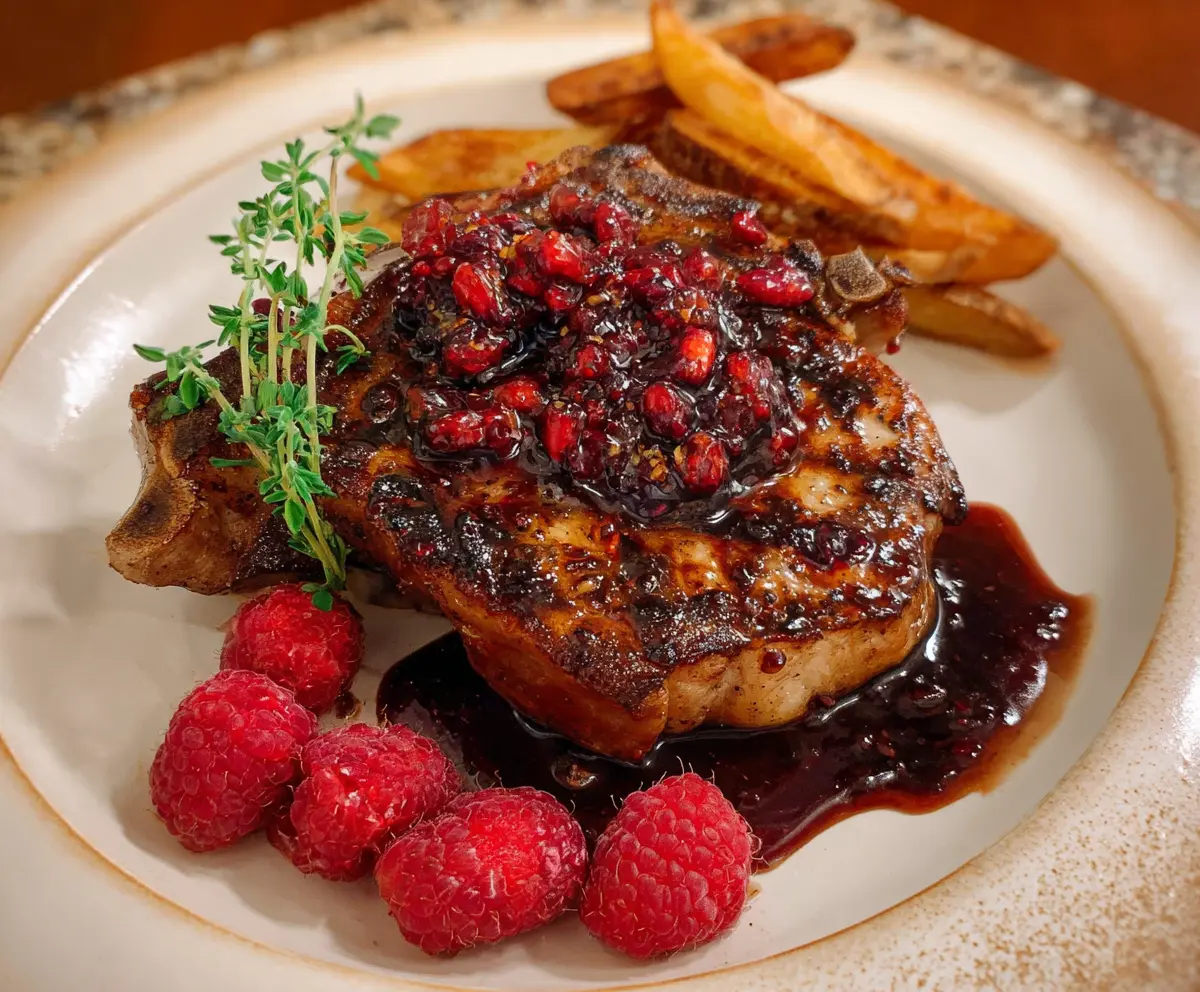Juicy pork chops glazed with a shiny raspberry sauce, served with fresh berries and herbs.