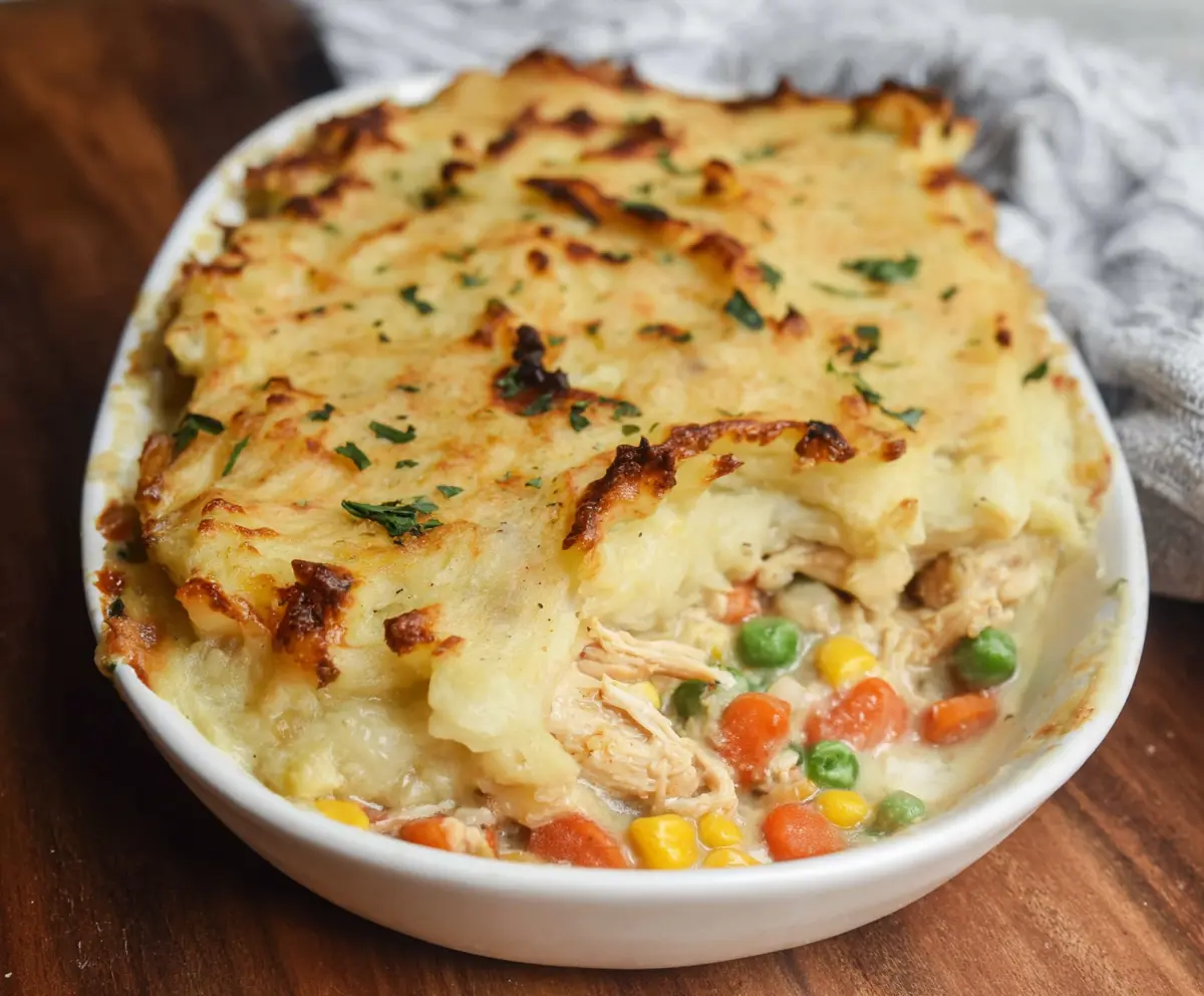 Delicious rotisserie chicken shepherd's pie topped with golden mashed potatoes and crispy herbs.